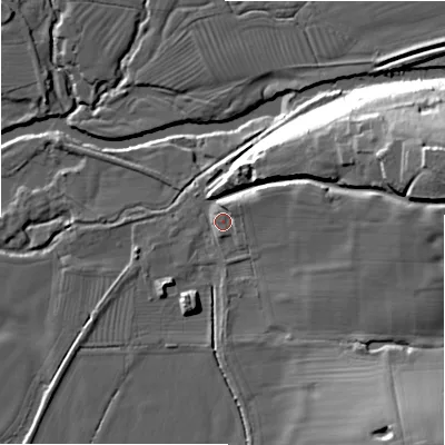 Shaded relief map of the ground around DE62ED, computed from Environment Agency LiDAR. The ground here sits at about 98 m above sea level and falls 33 m across the surrounding 800 m. Surface water reaching this point runs off ground lying to the east-north-east, 28.0 m higher.