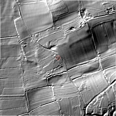Shaded relief map of the ground around DE62EE, computed from Environment Agency LiDAR. The ground here sits at about 105 m above sea level and falls 36 m across the surrounding 800 m. Surface water reaching this point runs off ground lying to the north-east, 18.6 m higher.