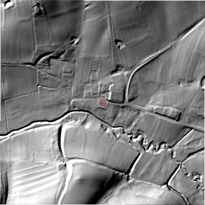 Shaded relief map of the ground around DE62EP, computed from Environment Agency LiDAR. The ground here sits at about 115 m above sea level and falls 48 m across the surrounding 800 m. Surface water reaching this point runs off ground lying to the north-east, 6.1 m higher.