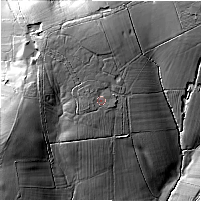Shaded relief map of the ground around DE62FG, computed from Environment Agency LiDAR. The ground here sits at about 146 m above sea level and falls 32 m across the surrounding 800 m. Surface water reaching this point runs off ground lying to the north, 2.6 m higher.