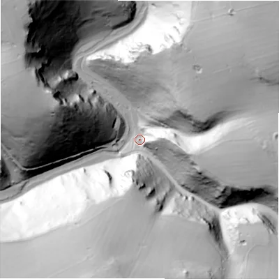 Shaded relief map of the ground around DE62GA, computed from Environment Agency LiDAR. The ground here sits at about 178 m above sea level and falls 119 m across the surrounding 800 m. Surface water reaching this point runs off ground lying to the north-east, 115.9 m higher.