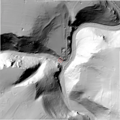 Shaded relief map of the ground around DE62GB, computed from Environment Agency LiDAR. The ground here sits at about 170 m above sea level and falls 107 m across the surrounding 800 m. Surface water reaching this point runs off ground lying to the south-west, 99.4 m higher.