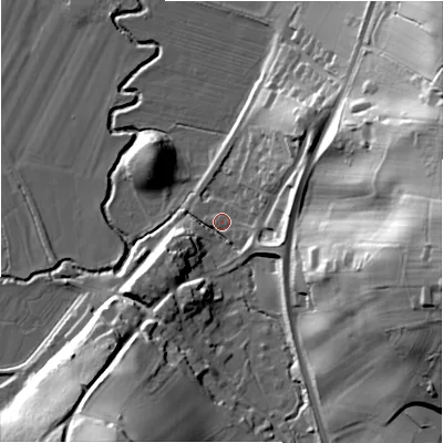 Shaded relief map of the ground around DE62GG, computed from Environment Agency LiDAR. The ground here sits at about 113 m above sea level and falls 47 m across the surrounding 800 m. Surface water reaching this point runs off ground lying to the east, 44.0 m higher.