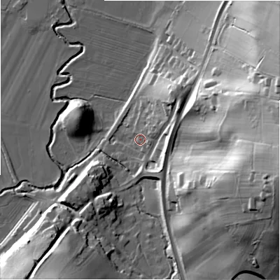 Shaded relief map of the ground around DE62GJ, computed from Environment Agency LiDAR. The ground here sits at about 114 m above sea level and falls 51 m across the surrounding 800 m. Surface water reaching this point runs off ground lying to the east-north-east, 4.4 m higher.