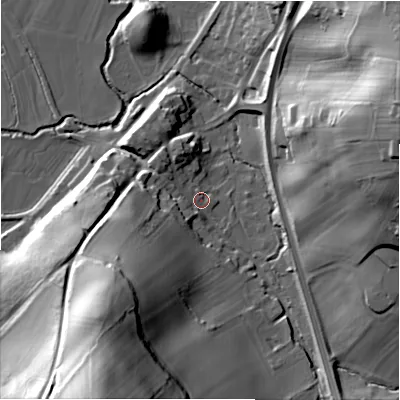 Shaded relief map of the ground around DE62GL, computed from Environment Agency LiDAR. The ground here sits at about 117 m above sea level and falls 56 m across the surrounding 800 m. Surface water reaching this point runs off ground lying to the south-west, 24.8 m higher.