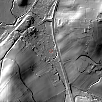 Shaded relief map of the ground around DE62GR, computed from Environment Agency LiDAR. The ground here sits at about 115 m above sea level and falls 60 m across the surrounding 800 m. Surface water reaching this point runs off ground lying to the east-south-east, 4.2 m higher.