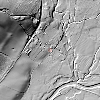 Shaded relief map of the ground around DE62GY, computed from Environment Agency LiDAR. The ground here sits at about 97 m above sea level and falls 52 m across the surrounding 800 m. Surface water reaching this point runs off ground lying to the north-west, 46.1 m higher.
