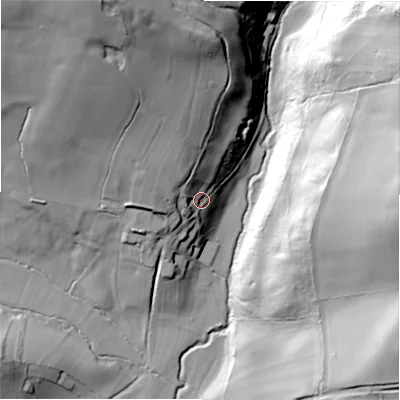 Shaded relief map of the ground around DE62HD, computed from Environment Agency LiDAR. The ground here sits at about 121 m above sea level and falls 58 m across the surrounding 800 m. Surface water reaching this point runs off ground lying to the north-north-west, 44.0 m higher.