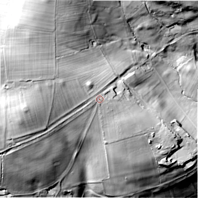 Shaded relief map of the ground around DE62HE, computed from Environment Agency LiDAR. The ground here sits at about 160 m above sea level and falls 67 m across the surrounding 800 m. Surface water reaching this point runs off ground lying to the west-north-west, 1.5 m higher.