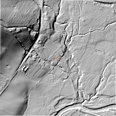 Shaded relief map of the ground around DE62HF, computed from Environment Agency LiDAR. The ground here sits at about 99 m above sea level and falls 48 m across the surrounding 800 m. Surface water reaching this point runs off ground lying to the north-west, 10.4 m higher.