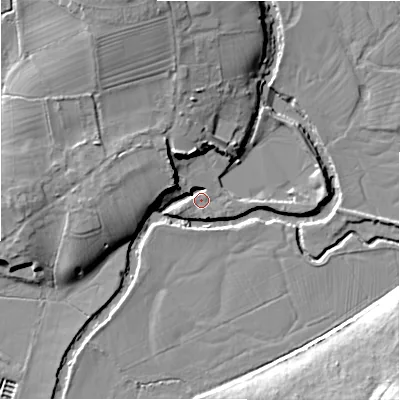 Shaded relief map of the ground around DE62JL, computed from Environment Agency LiDAR. The ground here sits at about 108 m above sea level and falls 19 m across the surrounding 800 m. Surface water reaching this point runs off ground lying to the north-west, 9.0 m higher.