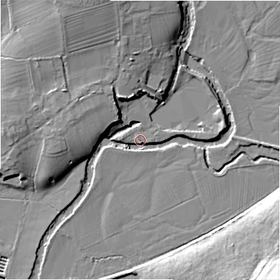Shaded relief map of the ground around DE62JN, computed from Environment Agency LiDAR. The ground here sits at about 108 m above sea level and falls 24 m across the surrounding 800 m. Surface water reaching this point runs off ground lying to the north, 12.8 m higher.