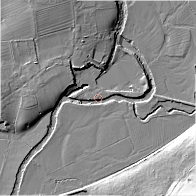 Shaded relief map of the ground around DE62JP, computed from Environment Agency LiDAR. The ground here sits at about 108 m above sea level and falls 26 m across the surrounding 800 m. Surface water reaching this point runs off ground lying to the north-north-west, 12.8 m higher.