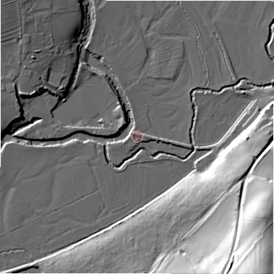 Shaded relief map of the ground around DE62JQ, computed from Environment Agency LiDAR. The ground here sits at about 109 m above sea level and falls 59 m across the surrounding 800 m. Surface water reaching this point runs off ground lying to the east, 1.9 m higher.