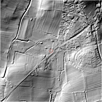 Shaded relief map of the ground around DE62JZ, computed from Environment Agency LiDAR. The ground here sits at about 118 m above sea level and falls 38 m across the surrounding 800 m. Surface water reaching this point runs off ground lying to the north-west, 25.6 m higher.