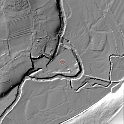 Shaded relief map of the ground around DE62LH, computed from Environment Agency LiDAR. The ground here sits at about 108 m above sea level and falls 27 m across the surrounding 800 m. Surface water reaching this point runs off ground lying to the east-south-east, 3.0 m higher.