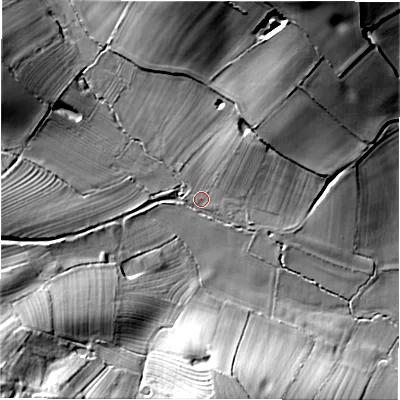 Shaded relief map of the ground around DE63AQ, computed from Environment Agency LiDAR. The ground here sits at about 107 m above sea level and falls 34 m across the surrounding 800 m. Surface water reaching this point runs off ground lying to the north-north-east, 26.5 m higher.