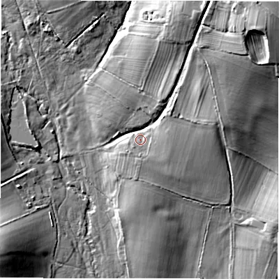 Shaded relief map of the ground around DE63AR, computed from Environment Agency LiDAR. The ground here sits at about 105 m above sea level and falls 28 m across the surrounding 800 m. Surface water reaching this point runs off ground lying to the north-east, 21.1 m higher.