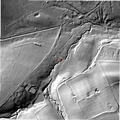 Shaded relief map of the ground around DE63BH, computed from Environment Agency LiDAR. The ground here sits at about 120 m above sea level and falls 33 m across the surrounding 800 m. Surface water reaching this point runs off ground lying to the south-south-east, 24.6 m higher.