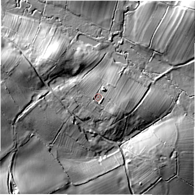 Shaded relief map of the ground around DE63BL, computed from Environment Agency LiDAR. The ground here sits at about 116 m above sea level and falls 30 m across the surrounding 800 m. Surface water reaching this point runs off ground lying to the west, 5.2 m higher.