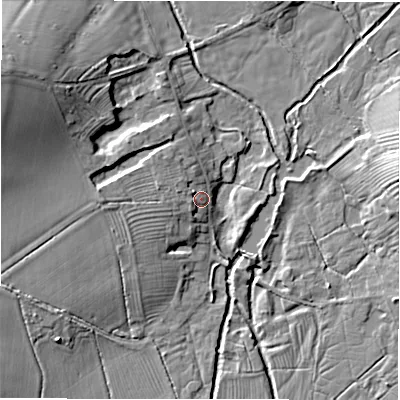 Shaded relief map of the ground around DE63DR, computed from Environment Agency LiDAR. The ground here sits at about 82 m above sea level and falls 18 m across the surrounding 800 m. Surface water reaching this point runs off ground lying to the west-north-west, 2.7 m higher.