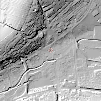 Shaded relief map of the ground around DE63DT, computed from Environment Agency LiDAR. The ground here sits at about 120 m above sea level and falls 47 m across the surrounding 800 m. Surface water reaching this point runs off ground lying to the north, 40.3 m higher.