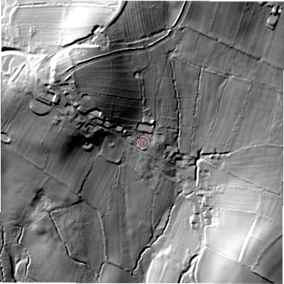 Shaded relief map of the ground around DE63EP, computed from Environment Agency LiDAR. The ground here sits at about 194 m above sea level and falls 67 m across the surrounding 800 m. Surface water reaching this point runs off ground lying to the north-north-west, 27.9 m higher.