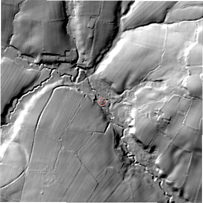 Shaded relief map of the ground around DE63FN, computed from Environment Agency LiDAR. The ground here sits at about 119 m above sea level and falls 56 m across the surrounding 800 m. Surface water reaching this point runs off ground lying to the east-north-east, 50.9 m higher.