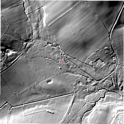 Shaded relief map of the ground around DE63GR, computed from Environment Agency LiDAR. The ground here sits at about 120 m above sea level and falls 27 m across the surrounding 800 m. Surface water reaching this point runs off ground lying to the north-west, 3.4 m higher.