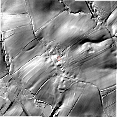 Shaded relief map of the ground around DE64NH, computed from Environment Agency LiDAR. The ground here sits at about 121 m above sea level and falls 26 m across the surrounding 800 m. Surface water reaching this point runs off ground lying to the north, 3.5 m higher.