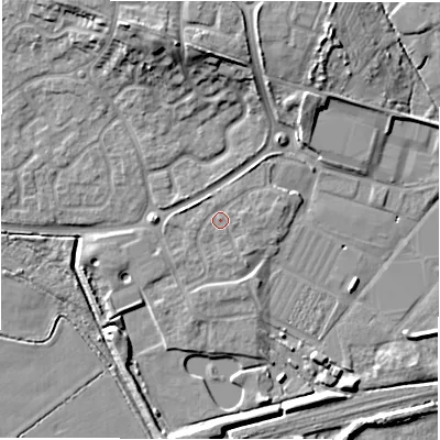 Shaded relief map of the ground around DE655AA, computed from Environment Agency LiDAR. The ground here sits at about 51 m above sea level and falls 12 m across the surrounding 800 m. Surface water reaching this point runs off ground lying to the east, 0.8 m higher.