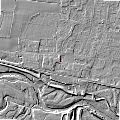 Shaded relief map of the ground around DE655AB, computed from Environment Agency LiDAR. The ground here sits at about 55 m above sea level and falls 6 m across the surrounding 800 m. Surface water reaching this point runs off ground lying to the south-east, 1.7 m higher.