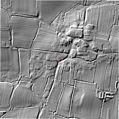Shaded relief map of the ground around DE655AR, computed from Environment Agency LiDAR. The ground here sits at about 72 m above sea level and falls 12 m across the surrounding 800 m. Surface water reaching this point runs off ground lying to the north-east, 8.2 m higher.