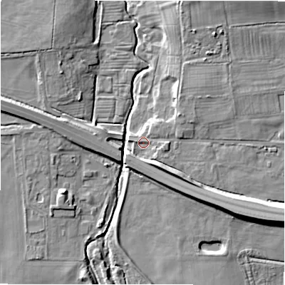 Shaded relief map of the ground around DE655DL, computed from Environment Agency LiDAR. The ground here sits at about 64 m above sea level and falls 10 m across the surrounding 800 m. Surface water reaching this point runs off ground lying to the south-east, 5.5 m higher.