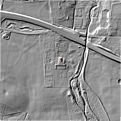 Shaded relief map of the ground around DE655DN, computed from Environment Agency LiDAR. The ground here sits at about 66 m above sea level and falls 11 m across the surrounding 800 m. Surface water reaching this point runs off ground lying to the north-west, 6.9 m higher.