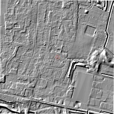Shaded relief map of the ground around DE655DP, computed from Environment Agency LiDAR. The ground here sits at about 54 m above sea level and falls 5 m across the surrounding 800 m. Surface water reaching this point runs off ground lying to the south-west, 2.2 m higher.