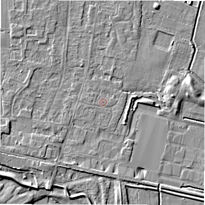 Shaded relief map of the ground around DE655DQ, computed from Environment Agency LiDAR. The ground here sits at about 54 m above sea level and falls 6 m across the surrounding 800 m. Surface water reaching this point runs off ground lying to the south-west, 0.8 m higher.