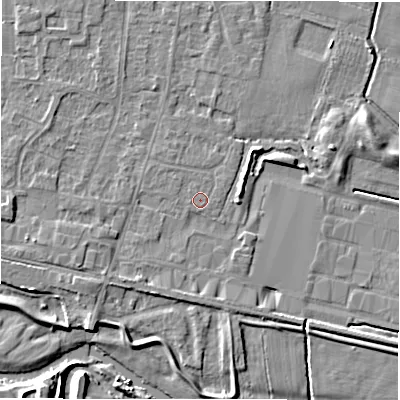 Shaded relief map of the ground around DE655DR, computed from Environment Agency LiDAR. The ground here sits at about 54 m above sea level and falls 6 m across the surrounding 800 m. The ground contributing surface water to this point lies to the west-south-west.