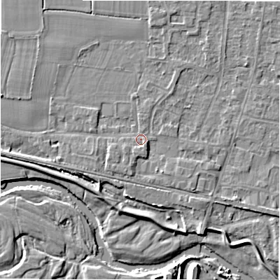 Shaded relief map of the ground around DE655DS, computed from Environment Agency LiDAR. The ground here sits at about 54 m above sea level and falls 6 m across the surrounding 800 m. Surface water reaching this point runs off ground lying to the south-east, 1.7 m higher.