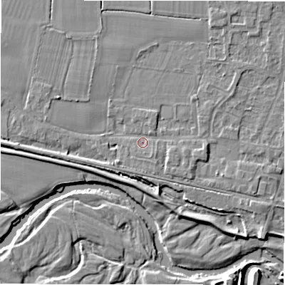 Shaded relief map of the ground around DE655DT, computed from Environment Agency LiDAR. The ground here sits at about 54 m above sea level and falls 6 m across the surrounding 800 m. Surface water reaching this point runs off ground lying to the west, 2.4 m higher.