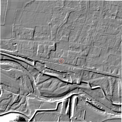 Shaded relief map of the ground around DE655DU, computed from Environment Agency LiDAR. The ground here sits at about 55 m above sea level and falls 37 m across the surrounding 800 m. Surface water reaching this point runs off ground lying to the west-north-west, 1.0 m higher.