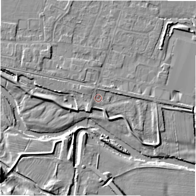 Shaded relief map of the ground around DE655DW, computed from Environment Agency LiDAR. The ground here sits at about 54 m above sea level and falls 25 m across the surrounding 800 m. Surface water reaching this point runs off ground lying to the south-south-west, 3.8 m higher.
