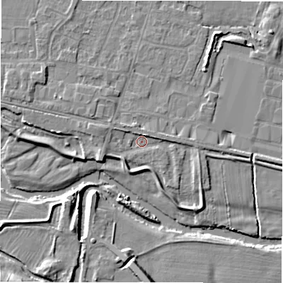 Shaded relief map of the ground around DE655DY, computed from Environment Agency LiDAR. The ground here sits at about 53 m above sea level and falls 15 m across the surrounding 800 m. Surface water reaching this point runs off ground lying to the west-south-west, 3.8 m higher.