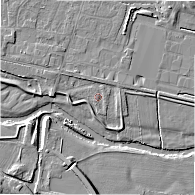 Shaded relief map of the ground around DE655DZ, computed from Environment Agency LiDAR. The ground here sits at about 54 m above sea level and falls 13 m across the surrounding 800 m. Surface water reaching this point runs off ground lying to the east, 2.8 m higher.
