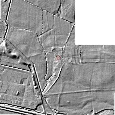 Shaded relief map of the ground around DE655EA, computed from Environment Agency LiDAR. The ground here sits at about 53 m above sea level and falls 6 m across the surrounding 800 m. Surface water reaching this point runs off ground lying to the north-east, 0.7 m higher.
