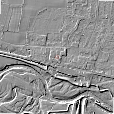 Shaded relief map of the ground around DE655EB, computed from Environment Agency LiDAR. The ground here sits at about 55 m above sea level and falls 6 m across the surrounding 800 m. Surface water reaching this point runs off ground lying to the north, 0.6 m higher.