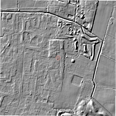 Shaded relief map of the ground around DE655ED, computed from Environment Agency LiDAR. The ground here sits at about 54 m above sea level and falls 5 m across the surrounding 800 m. Surface water reaching this point runs off ground lying to the north-west, 1.1 m higher.