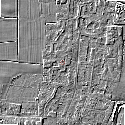 Shaded relief map of the ground around DE655EE, computed from Environment Agency LiDAR. The ground here sits at about 54 m above sea level and falls 4 m across the surrounding 800 m. Surface water reaching this point runs off ground lying to the west, 1.0 m higher.