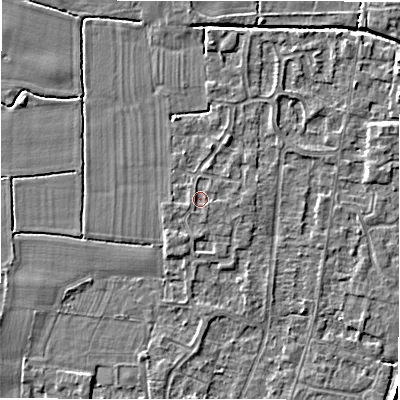 Shaded relief map of the ground around DE655EF, computed from Environment Agency LiDAR. The ground here sits at about 54 m above sea level and falls 3 m across the surrounding 800 m. Surface water reaching this point runs off ground lying to the west-south-west, 0.6 m higher.