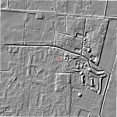 Shaded relief map of the ground around DE655EG, computed from Environment Agency LiDAR. The ground here sits at about 54 m above sea level and falls 4 m across the surrounding 800 m. Surface water reaching this point runs off ground lying to the south-west, 0.7 m higher.